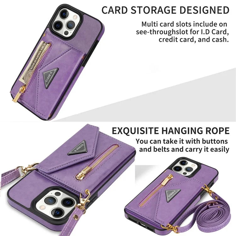 N.BEKUS For iPhone 16 Pro Max Leather Zipper Case Card Holder Phone Cover with Shoulder Strap