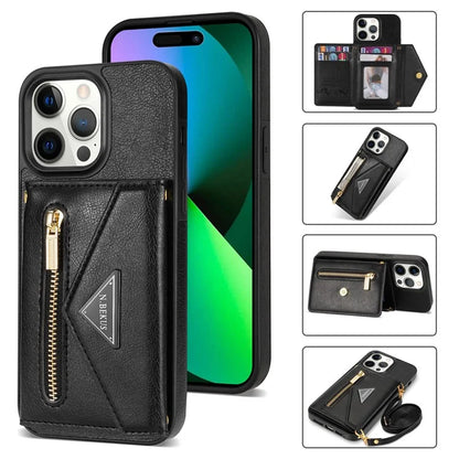 N.BEKUS For iPhone 16 Pro Max Leather Zipper Case Card Holder Phone Cover with Shoulder Strap