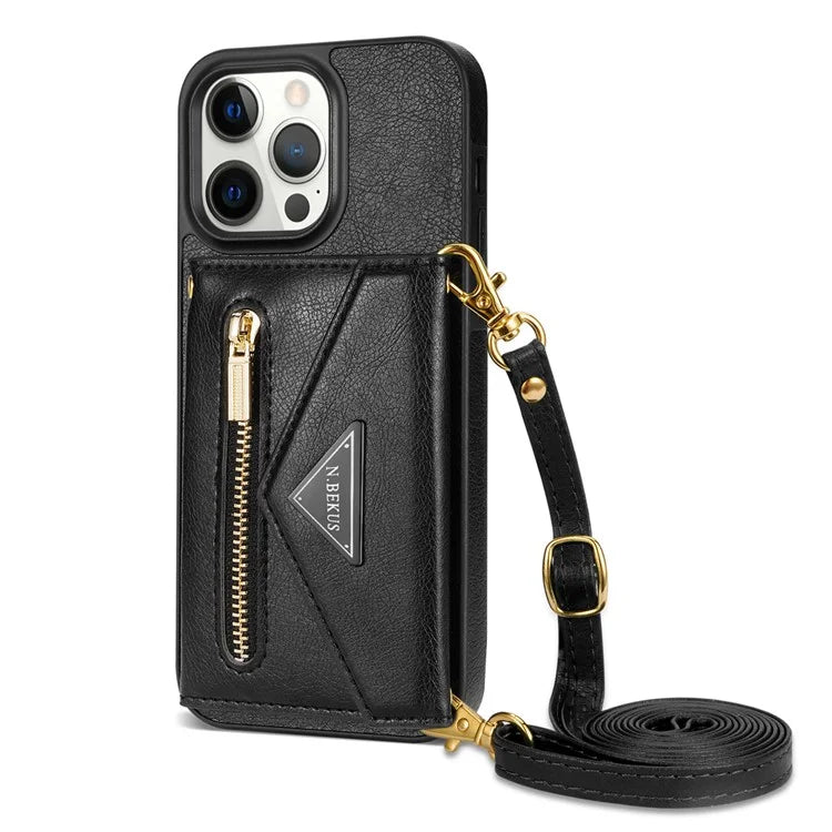 N.BEKUS For iPhone 16 Pro Max Leather Zipper Case Card Holder Phone Cover with Shoulder Strap