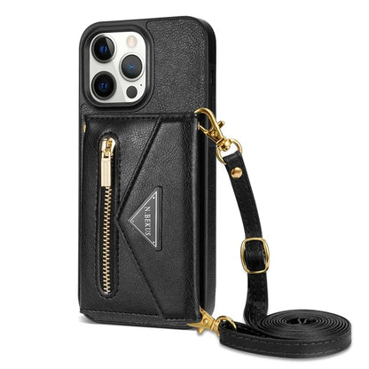 N.BEKUS For iPhone 16 Pro Max Leather Zipper Case Card Holder Phone Cover with Shoulder Strap