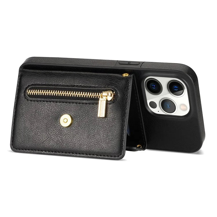 N.BEKUS For iPhone 16 Pro Max Leather Zipper Case Card Holder Phone Cover with Shoulder Strap