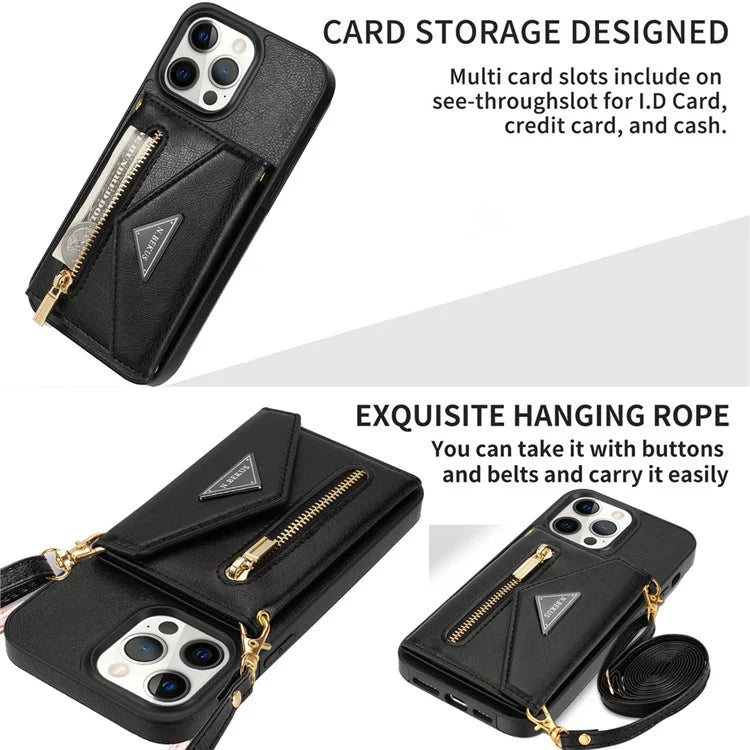 N.BEKUS For iPhone 16 Pro Max Leather Zipper Case Card Holder Phone Cover with Shoulder Strap