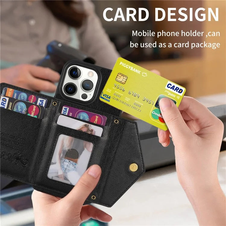 N.BEKUS For iPhone 16 Pro Max Leather Zipper Case Card Holder Phone Cover with Shoulder Strap