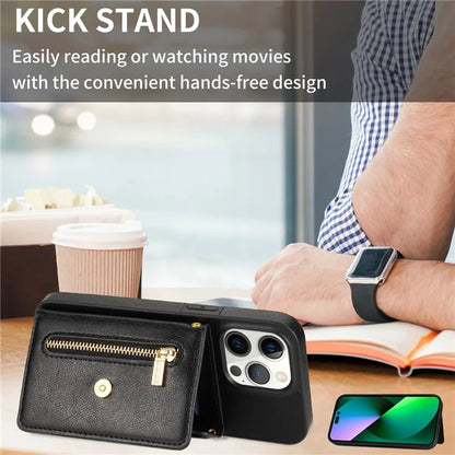 N.BEKUS For iPhone 16 Pro Max Leather Zipper Case Card Holder Phone Cover with Shoulder Strap