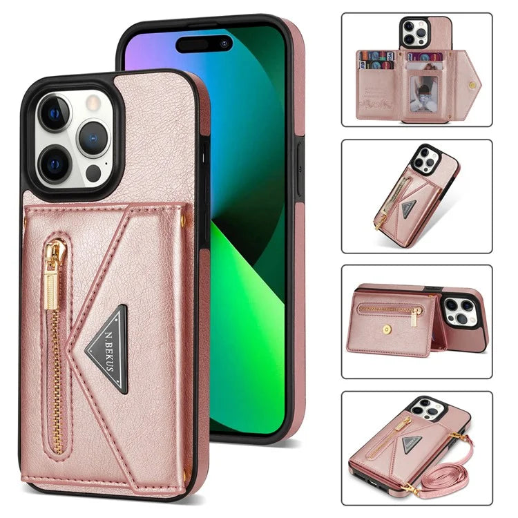 N.BEKUS For iPhone 16 Pro Max Leather Zipper Case Card Holder Phone Cover with Shoulder Strap