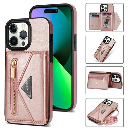 N.BEKUS For iPhone 16 Pro Max Leather Zipper Case Card Holder Phone Cover with Shoulder Strap