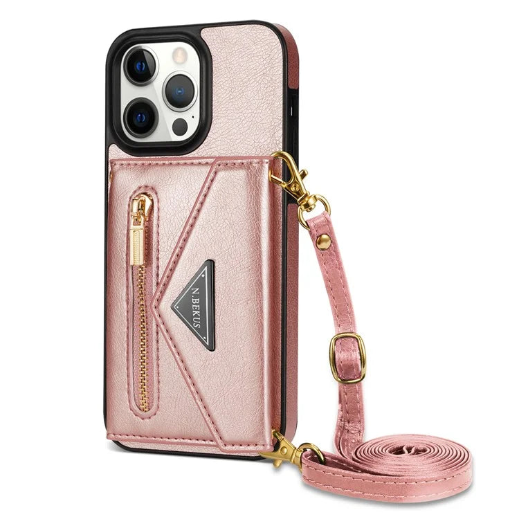 N.BEKUS For iPhone 16 Pro Max Leather Zipper Case Card Holder Phone Cover with Shoulder Strap