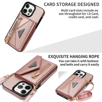 N.BEKUS For iPhone 16 Pro Max Leather Zipper Case Card Holder Phone Cover with Shoulder Strap