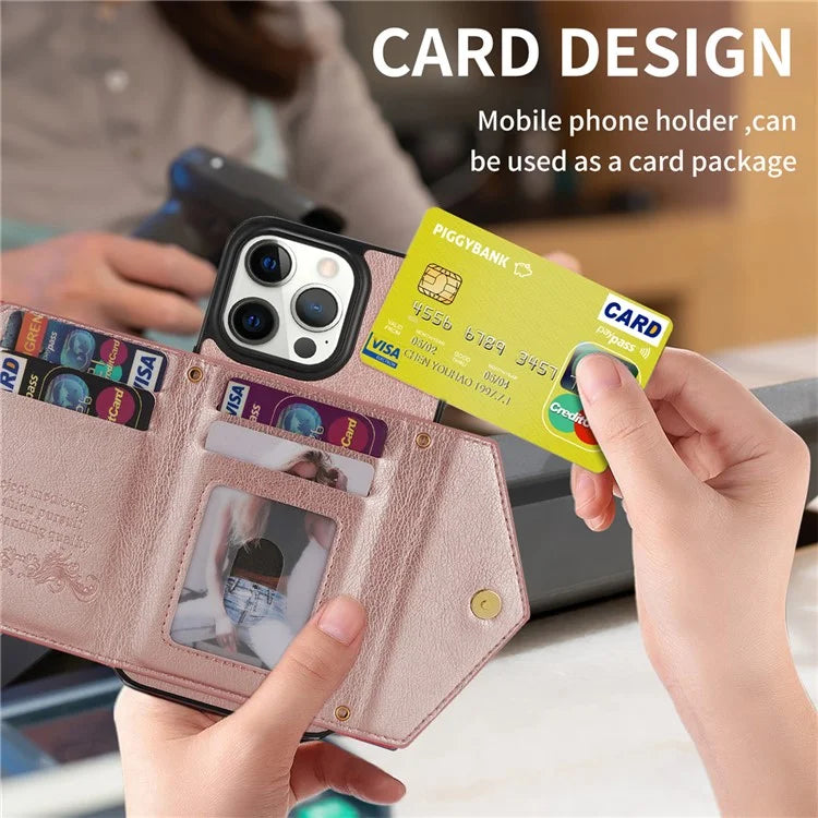 N.BEKUS For iPhone 16 Pro Max Leather Zipper Case Card Holder Phone Cover with Shoulder Strap