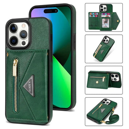 N.BEKUS For iPhone 16 Pro Max Leather Zipper Case Card Holder Phone Cover with Shoulder Strap