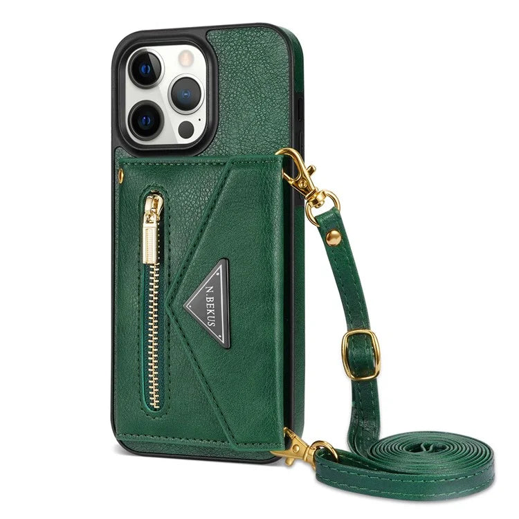 N.BEKUS For iPhone 16 Pro Max Leather Zipper Case Card Holder Phone Cover with Shoulder Strap