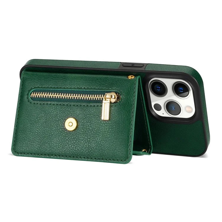 N.BEKUS For iPhone 16 Pro Max Leather Zipper Case Card Holder Phone Cover with Shoulder Strap