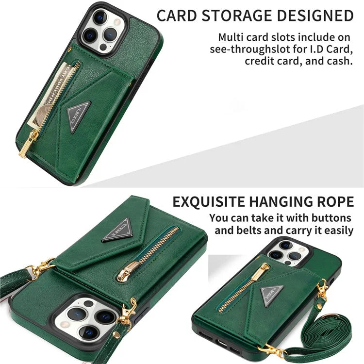 N.BEKUS For iPhone 16 Pro Max Leather Zipper Case Card Holder Phone Cover with Shoulder Strap