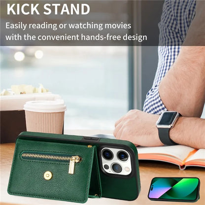 N.BEKUS For iPhone 16 Pro Max Leather Zipper Case Card Holder Phone Cover with Shoulder Strap