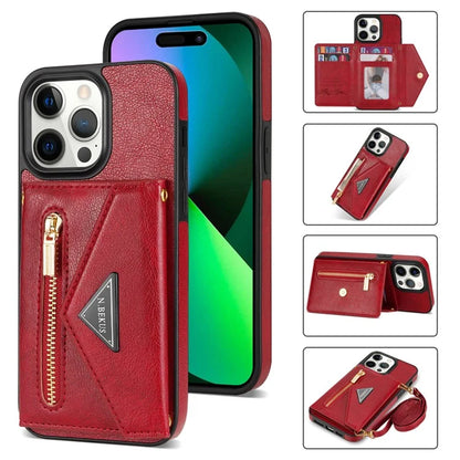 N.BEKUS For iPhone 16 Pro Max Leather Zipper Case Card Holder Phone Cover with Shoulder Strap