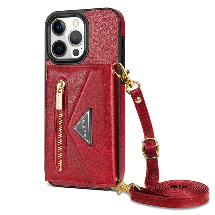 N.BEKUS For iPhone 16 Pro Max Leather Zipper Case Card Holder Phone Cover with Shoulder Strap