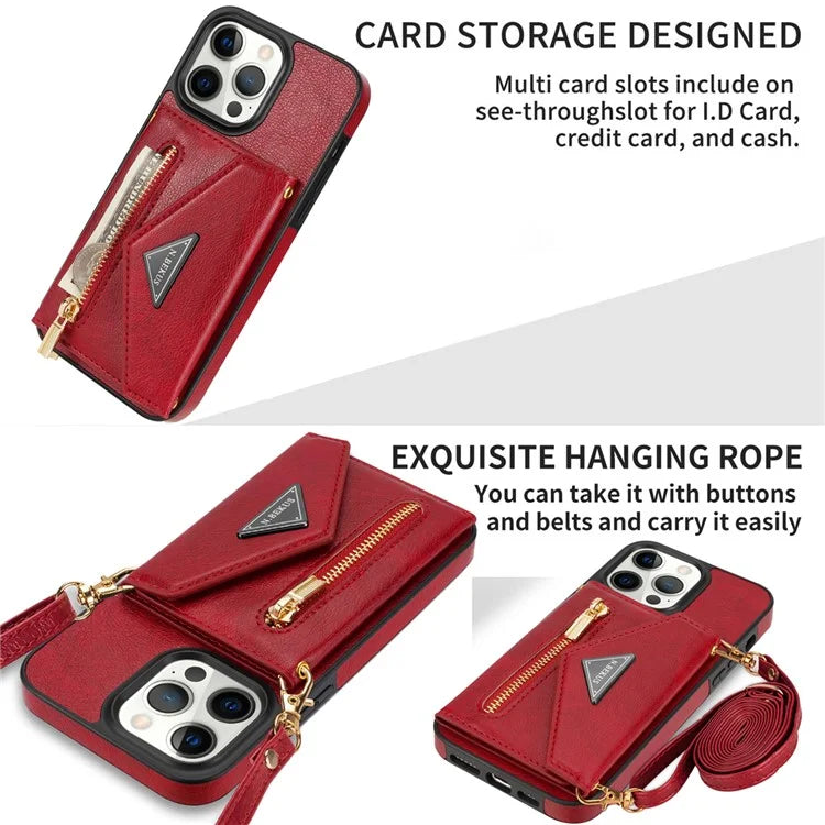 N.BEKUS For iPhone 16 Pro Max Leather Zipper Case Card Holder Phone Cover with Shoulder Strap