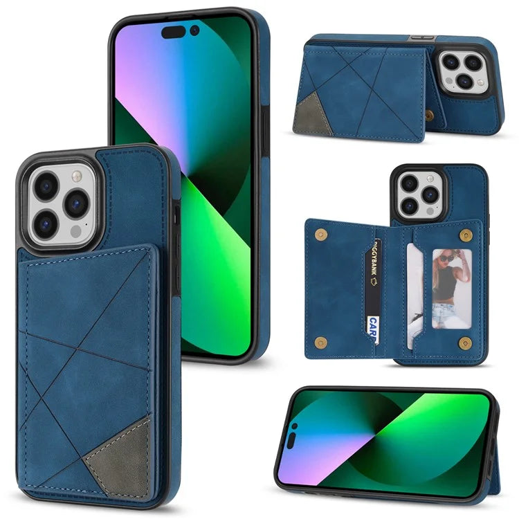 For iPhone 16 Pro Case Line Imprinted Color Splicing Leather Phone Cover