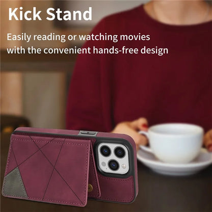 For iPhone 16 Pro Case Line Imprinted Color Splicing Leather Phone Cover