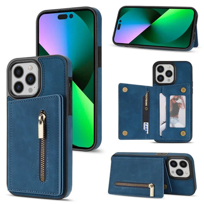 For iPhone 16 Pro Max Case Zipper Wallet Kickstand PU+TPU Phone Cover