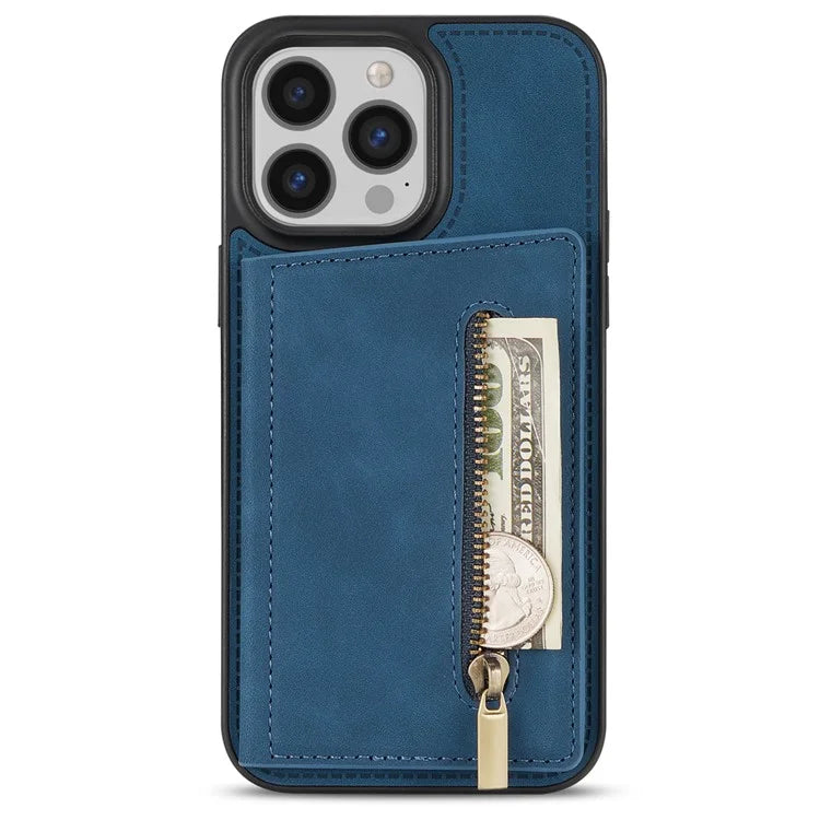 For iPhone 16 Pro Max Case Zipper Wallet Kickstand PU+TPU Phone Cover