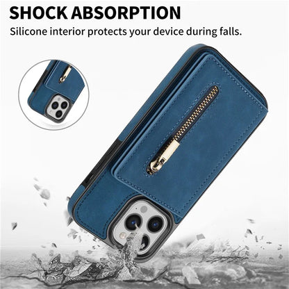 For iPhone 16 Pro Max Case Zipper Wallet Kickstand PU+TPU Phone Cover