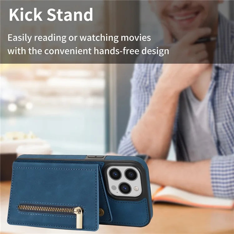 For iPhone 16 Pro Max Case Zipper Wallet Kickstand PU+TPU Phone Cover