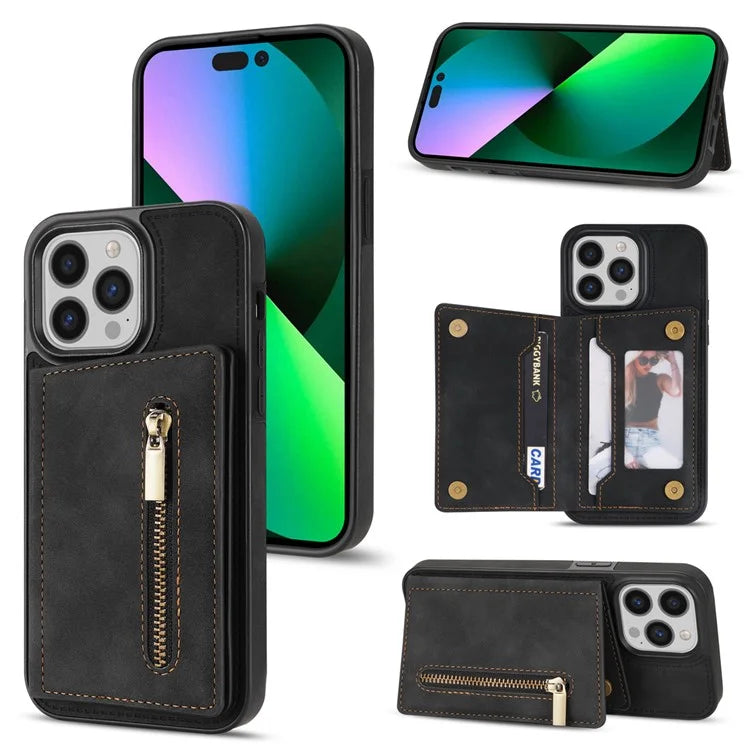 For iPhone 16 Pro Max Case Zipper Wallet Kickstand PU+TPU Phone Cover