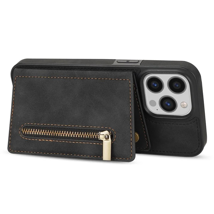For iPhone 16 Pro Max Case Zipper Wallet Kickstand PU+TPU Phone Cover