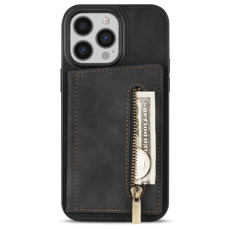 For iPhone 16 Pro Max Case Zipper Wallet Kickstand PU+TPU Phone Cover
