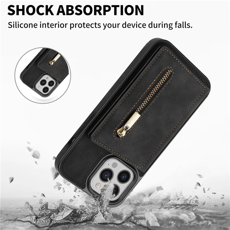 For iPhone 16 Pro Max Case Zipper Wallet Kickstand PU+TPU Phone Cover