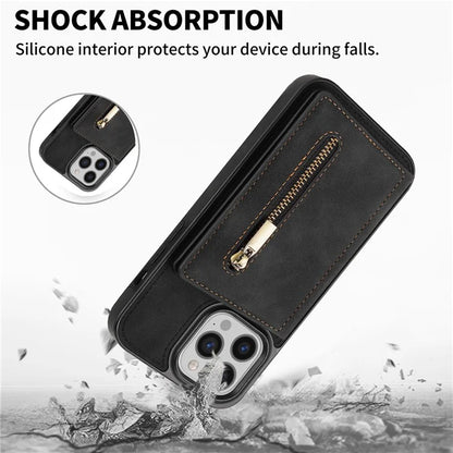 For iPhone 16 Pro Max Case Zipper Wallet Kickstand PU+TPU Phone Cover