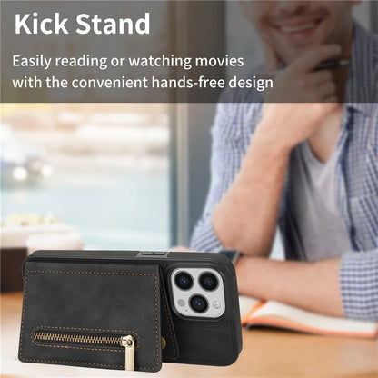 For iPhone 16 Pro Max Case Zipper Wallet Kickstand PU+TPU Phone Cover