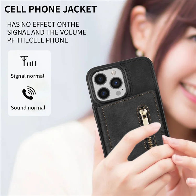 For iPhone 16 Pro Max Case Zipper Wallet Kickstand PU+TPU Phone Cover