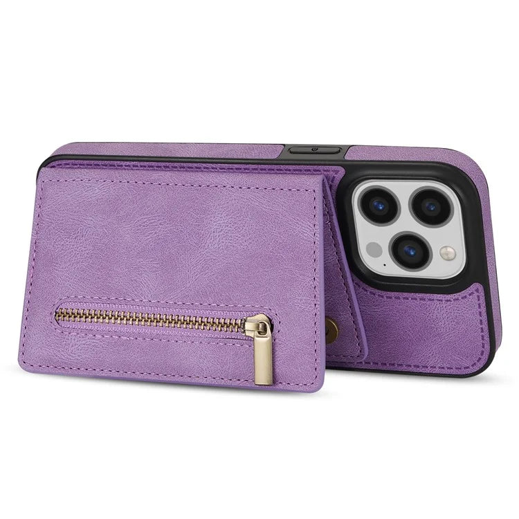 For iPhone 16 Pro Max Case Zipper Wallet Kickstand PU+TPU Phone Cover