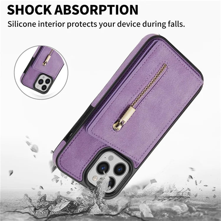 For iPhone 16 Pro Max Case Zipper Wallet Kickstand PU+TPU Phone Cover