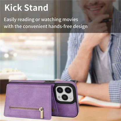 For iPhone 16 Pro Max Case Zipper Wallet Kickstand PU+TPU Phone Cover
