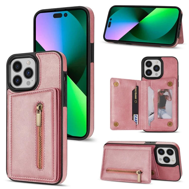 For iPhone 16 Pro Max Case Zipper Wallet Kickstand PU+TPU Phone Cover