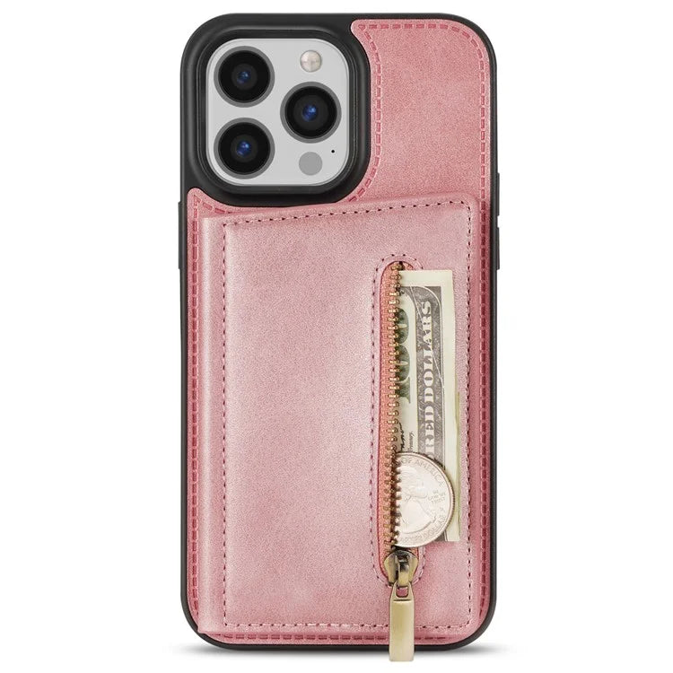 For iPhone 16 Pro Max Case Zipper Wallet Kickstand PU+TPU Phone Cover