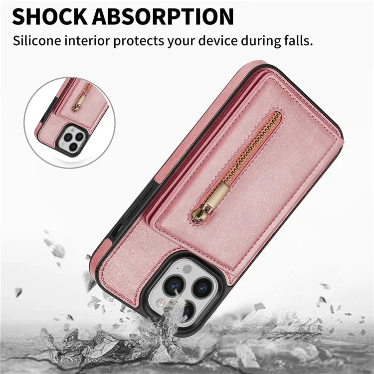 For iPhone 16 Pro Max Case Zipper Wallet Kickstand PU+TPU Phone Cover