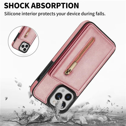 For iPhone 16 Pro Max Case Zipper Wallet Kickstand PU+TPU Phone Cover
