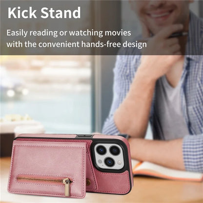 For iPhone 16 Pro Max Case Zipper Wallet Kickstand PU+TPU Phone Cover