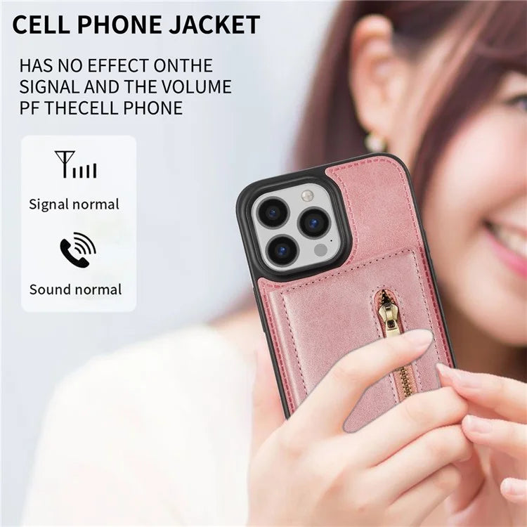 For iPhone 16 Pro Max Case Zipper Wallet Kickstand PU+TPU Phone Cover