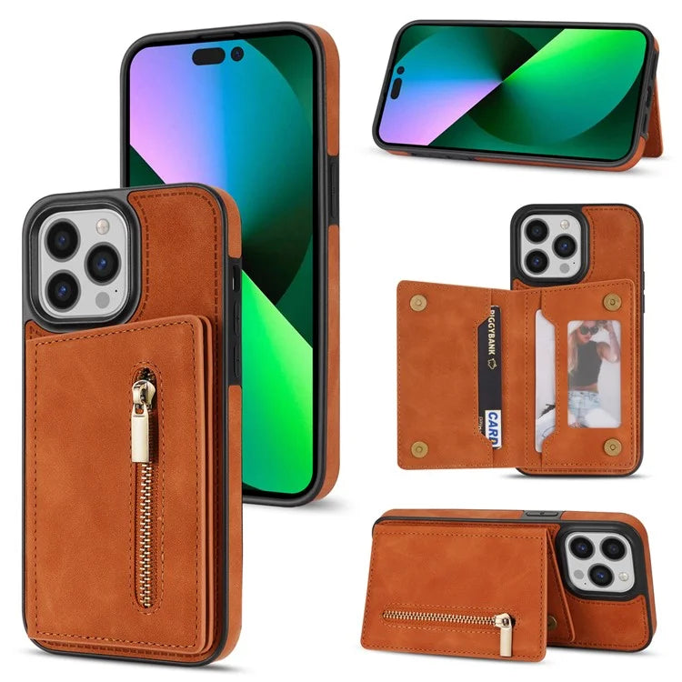 For iPhone 16 Pro Max Case Zipper Wallet Kickstand PU+TPU Phone Cover