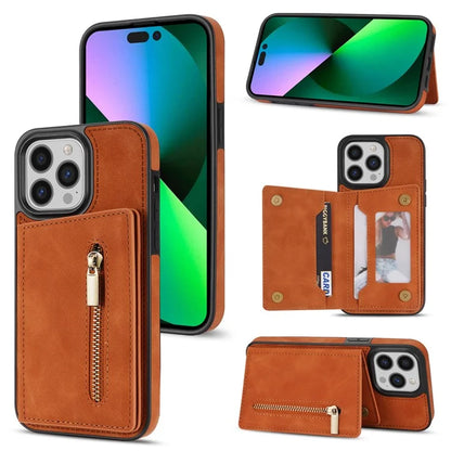For iPhone 16 Pro Max Case Zipper Wallet Kickstand PU+TPU Phone Cover