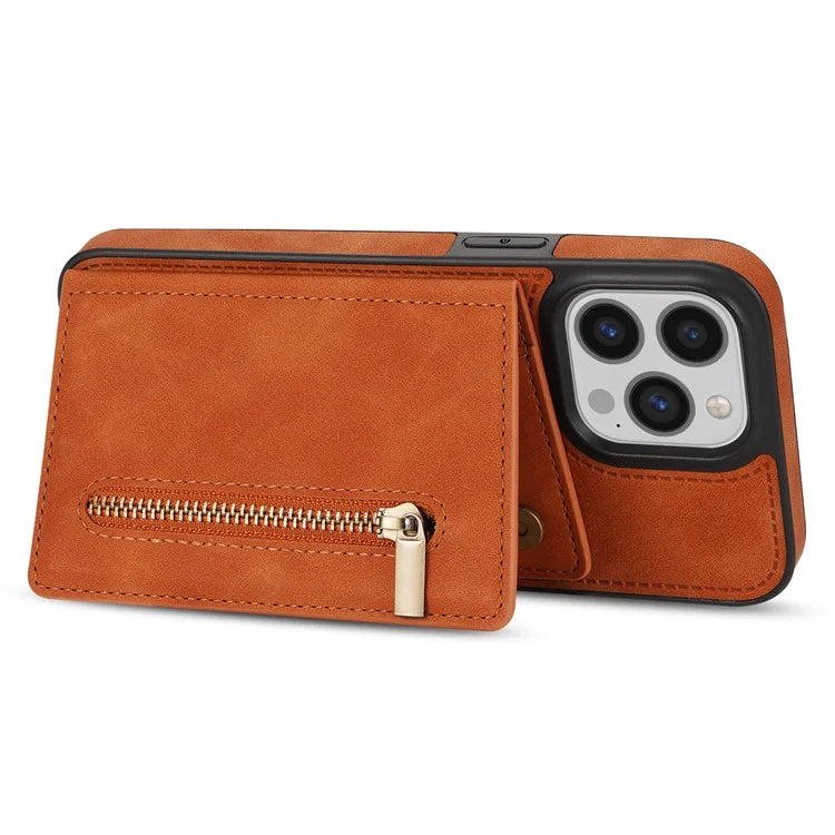 For iPhone 16 Pro Max Case Zipper Wallet Kickstand PU+TPU Phone Cover