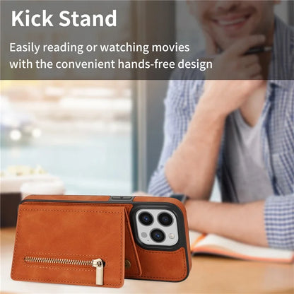 For iPhone 16 Pro Max Case Zipper Wallet Kickstand PU+TPU Phone Cover