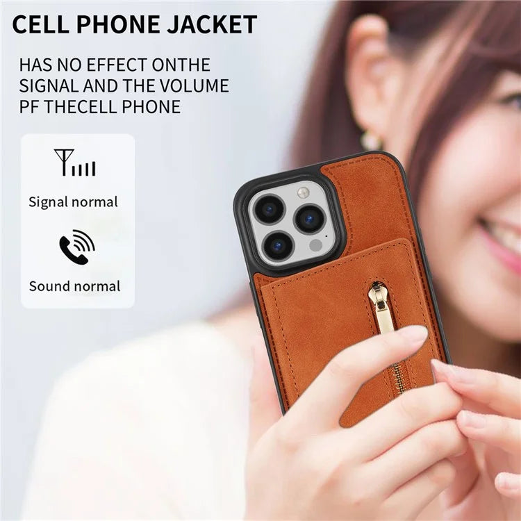 For iPhone 16 Pro Max Case Zipper Wallet Kickstand PU+TPU Phone Cover