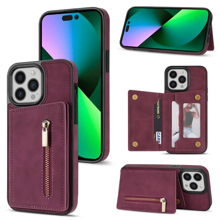For iPhone 16 Pro Max Case Zipper Wallet Kickstand PU+TPU Phone Cover