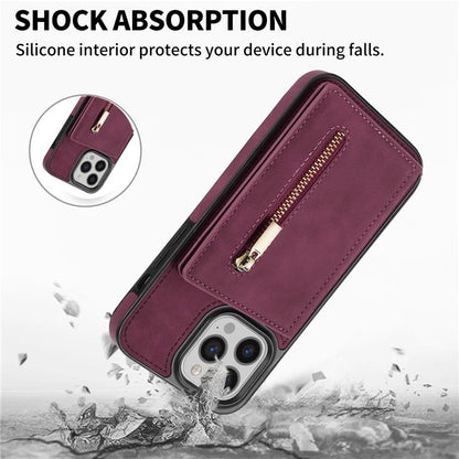 For iPhone 16 Pro Max Case Zipper Wallet Kickstand PU+TPU Phone Cover
